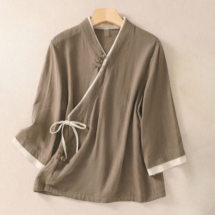 Buddha Stones Retro Lace-up Frog-Button Design Women's Three Quarter Sleeve Cotton Linen Shirt - Tan - US8-10，UK/AU12-14，EU40-42 (2XL) - image 14