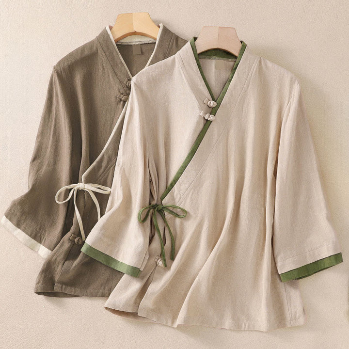 Buddha Stones Retro Lace-up Frog-Button Design Women's Three Quarter Sleeve Shirt - image 0