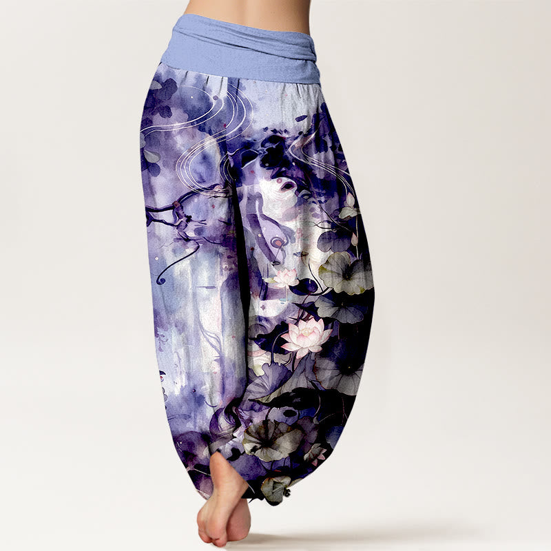 Buddha Stones Pure Cotton Watercolor Style Lotus Flower Leaf Pattern Women's Elastic Waist Harem Pants - image 9