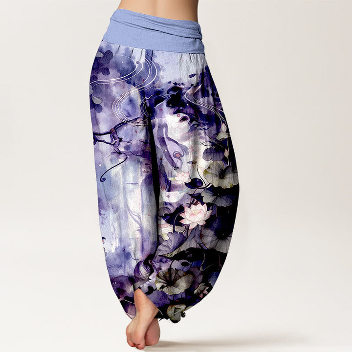 Buddha Stones Pure Cotton Watercolor Style Lotus Flower Leaf Pattern Women's Elastic Waist Harem Pants - image 9