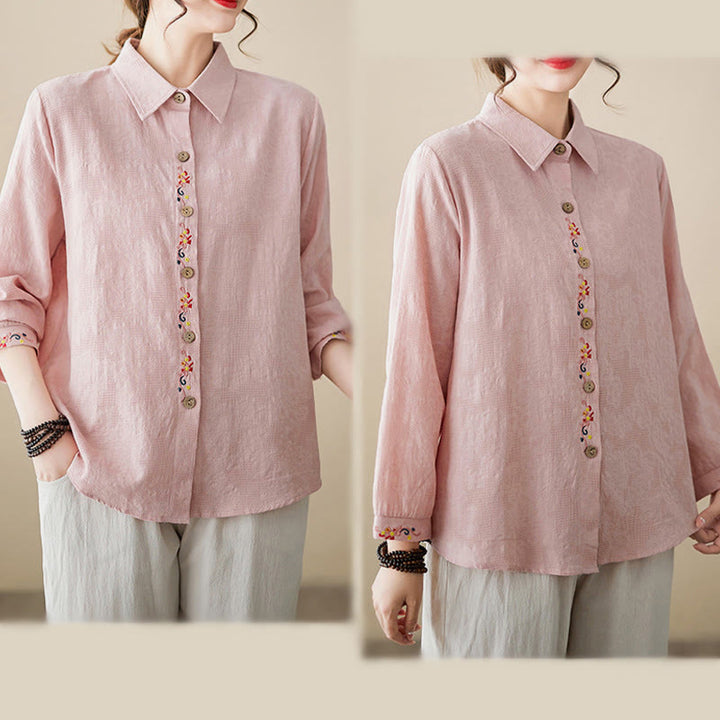 Buddha Stones Spring Plain Embroidered Flower Pattern Button Women's Long Sleeve Cotton Lapel Shirt - image 14
