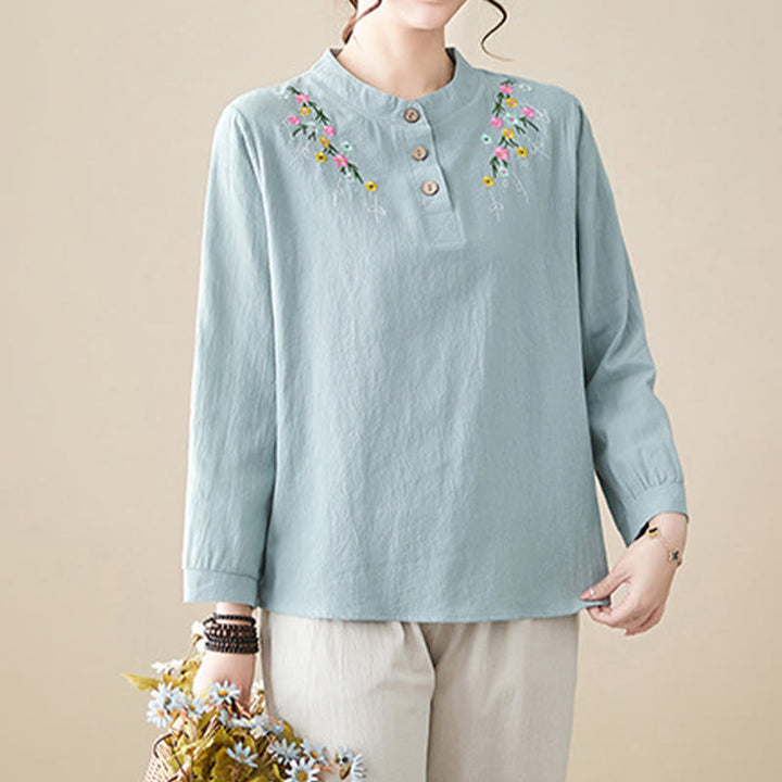 Buddha Stones Spring Plain Embroidered Flower Pattern Button Women's Long Sleeve Cotton Lapel Shirt - image 2