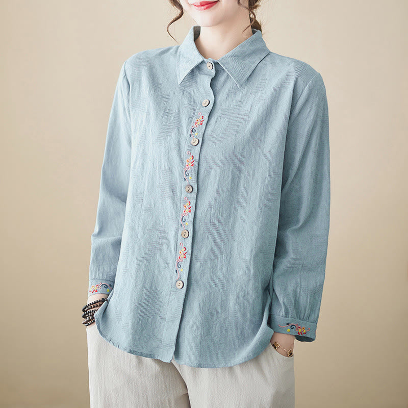 Buddha Stones Spring Plain Embroidered Flower Pattern Button Women's Long Sleeve Cotton Lapel Shirt - LightBlue - US12，UK/AU16，EU44 (3XL) - image 1