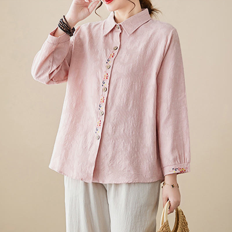 Buddha Stones Spring Plain Embroidered Flower Pattern Button Women's Long Sleeve Cotton Lapel Shirt - image 9