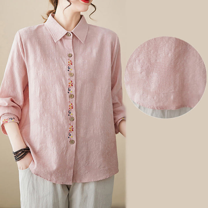 Buddha Stones Spring Plain Embroidered Flower Pattern Button Women's Long Sleeve Cotton Lapel Shirt - image 13