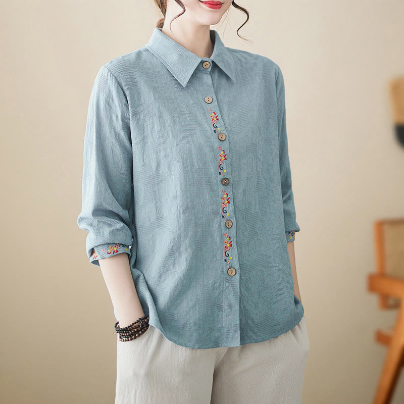 Buddha Stones Spring Plain Embroidered Flower Pattern Button Women's Long Sleeve Cotton Lapel Shirt - image 0