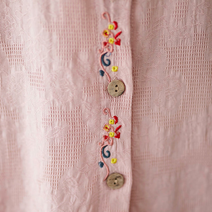 Buddha Stones Spring Plain Embroidered Flower Pattern Button Women's Long Sleeve Cotton Lapel Shirt - image 17