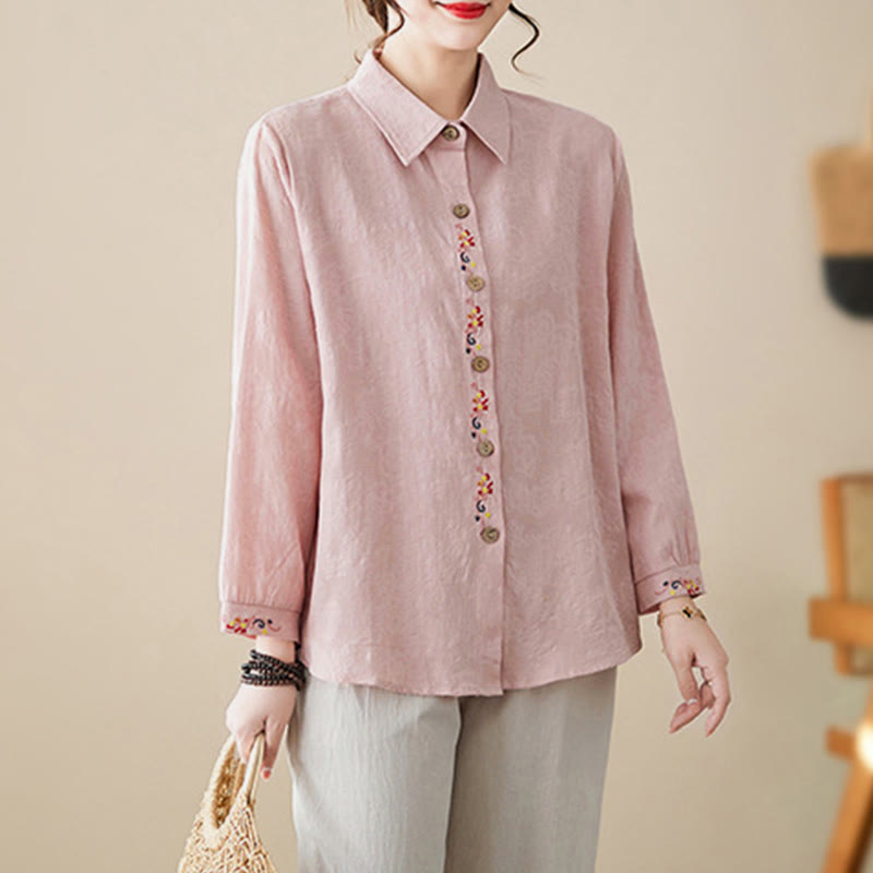 Buddha Stones Spring Plain Embroidered Flower Pattern Button Women's Long Sleeve Cotton Lapel Shirt - image 8