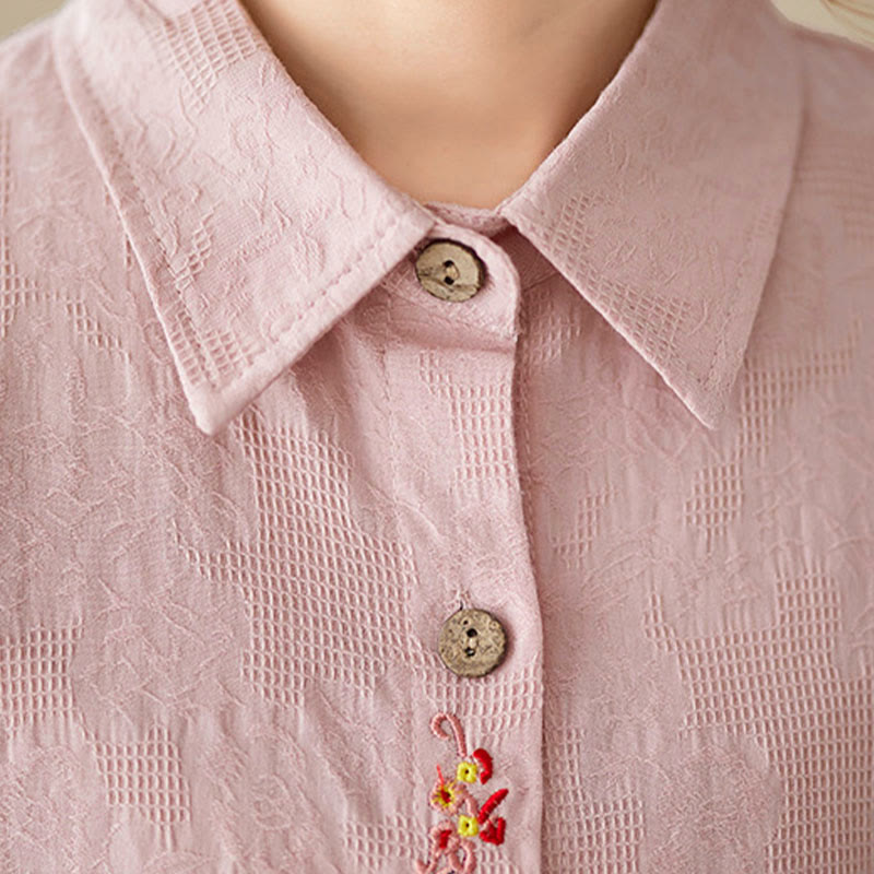 Buddha Stones Spring Plain Embroidered Flower Pattern Button Women's Long Sleeve Cotton Lapel Shirt - image 15