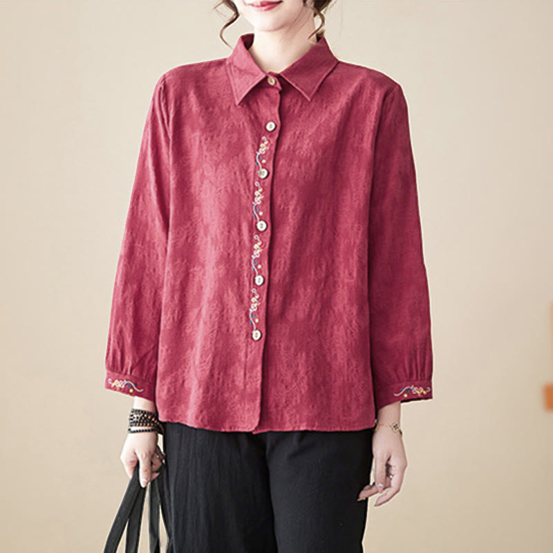 Buddha Stones Spring Plain Embroidered Flower Pattern Button Women's Long Sleeve Cotton Lapel Shirt - image 24