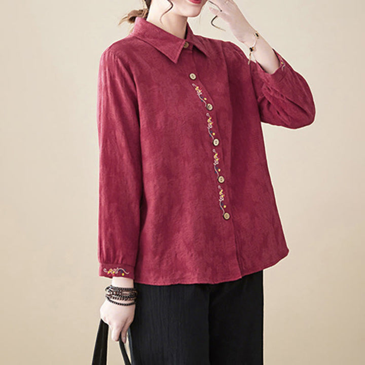 Buddha Stones Spring Plain Embroidered Flower Pattern Button Women's Long Sleeve Cotton Lapel Shirt - image 25