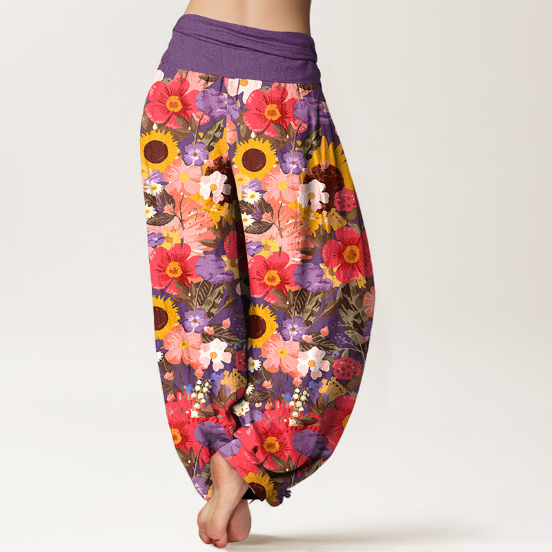 Buddha Stones Pure Cotton Colorful Sunflower Daisy Small Red Purple Flowers Pattern Women's Elastic Waist Harem Pants - image 6