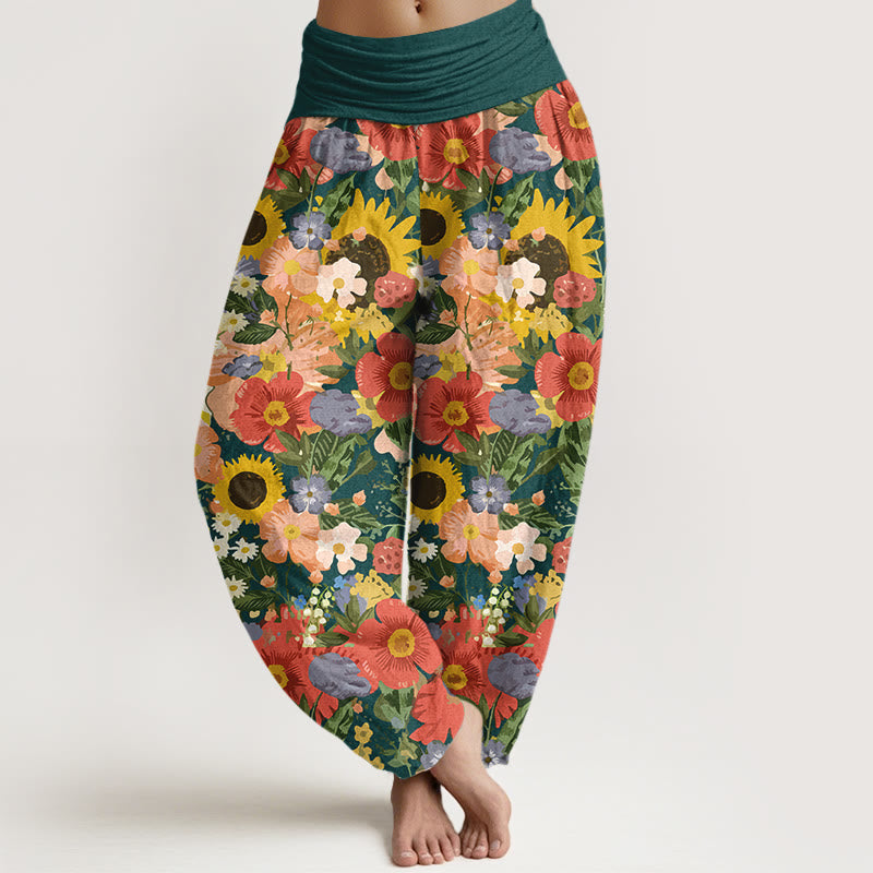 Buddha Stones Pure Cotton Colorful Sunflower Daisy Small Red Purple Flowers Pattern Women's Elastic Waist Harem Pants - DarkGreen - US16，UK/AU20，EU48 (3XL) - image 8