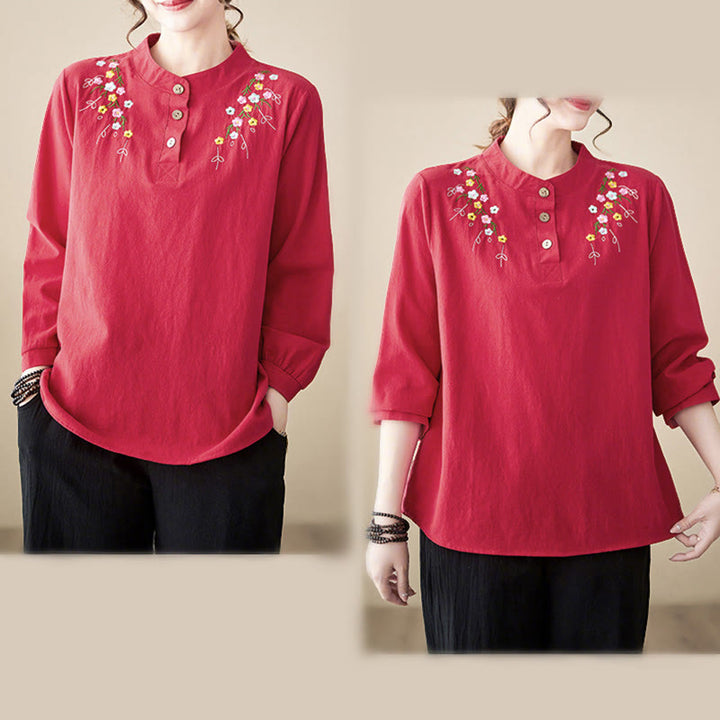 Buddha Stones Women's Spring Embroidered Flower Pattern Stand Collar Long Sleeve Cotton Shirt - image 24