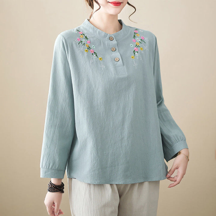 Buddha Stones Women's Spring Embroidered Flower Pattern Stand Collar Long Sleeve Cotton Shirt - LightBlue - US12，UK/AU16，EU44 (3XL) - image 5