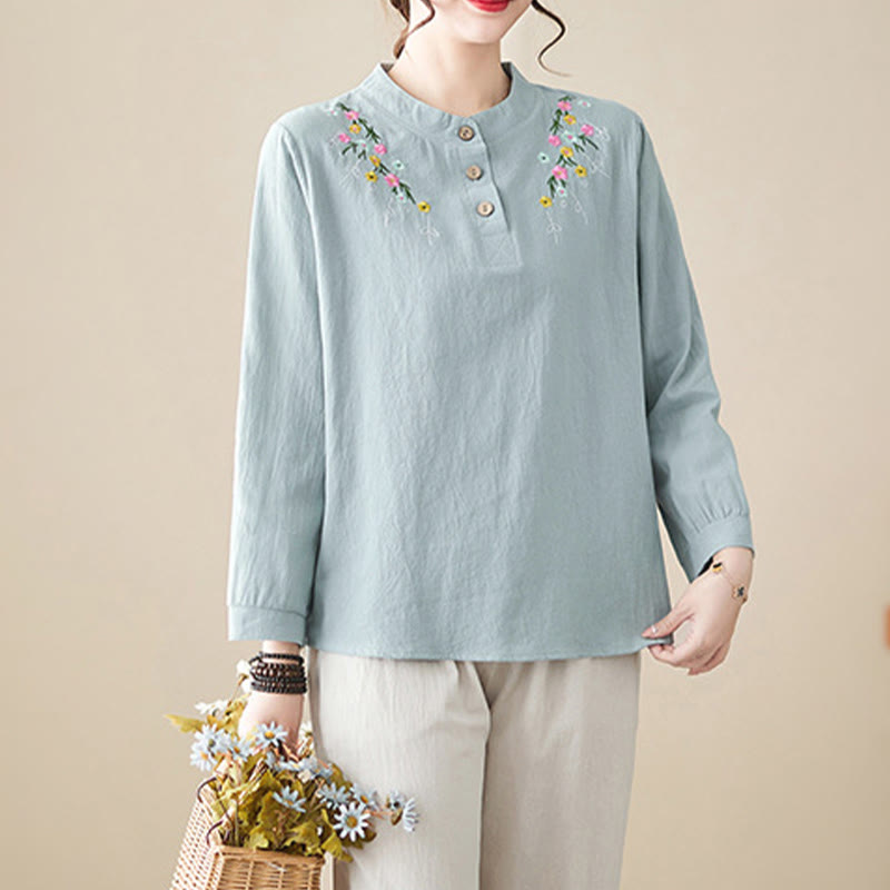 Buddha Stones Women's Spring Embroidered Flower Pattern Stand Collar Long Sleeve Cotton Shirt - image 7
