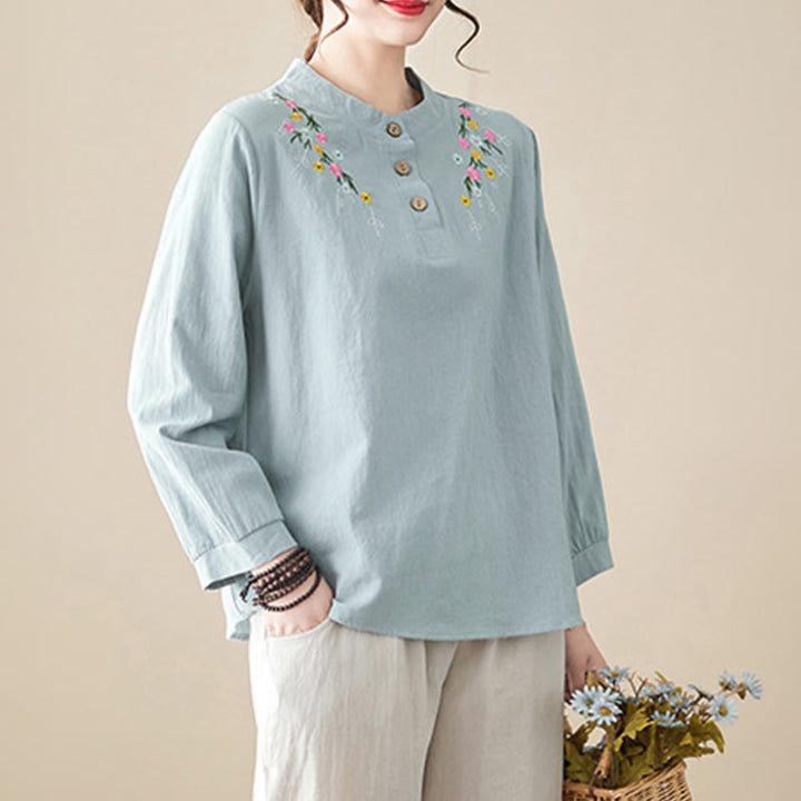 Buddha Stones Women's Spring Embroidered Flower Pattern Stand Collar Long Sleeve Cotton Shirt - image 6