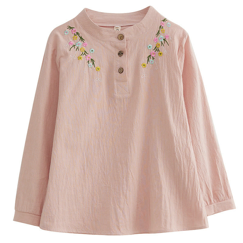 Buddha Stones Women's Spring Embroidered Flower Pattern Stand Collar Long Sleeve Cotton Shirt - image 4