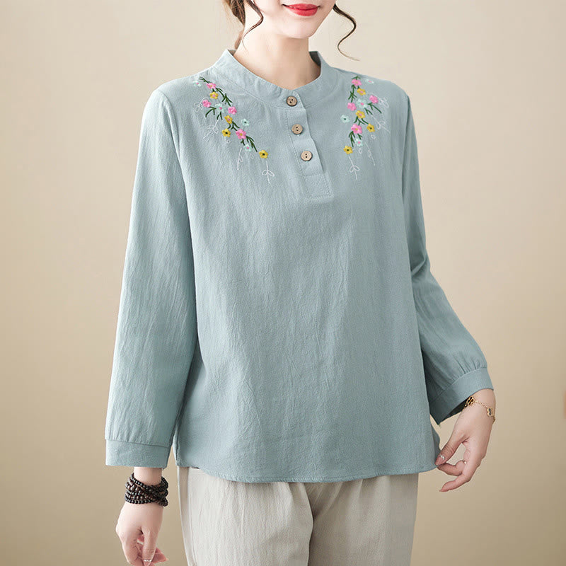 Buddha Stones Women's Spring Embroidered Flower Pattern Stand Collar Long Sleeve Cotton Shirt - LightBlue - US12，UK/AU16，EU44 (3XL) - image 5
