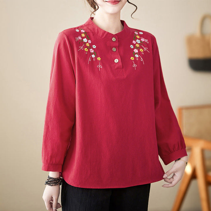 Buddha Stones Women's Spring Embroidered Flower Pattern Stand Collar Long Sleeve Cotton Shirt - image 23