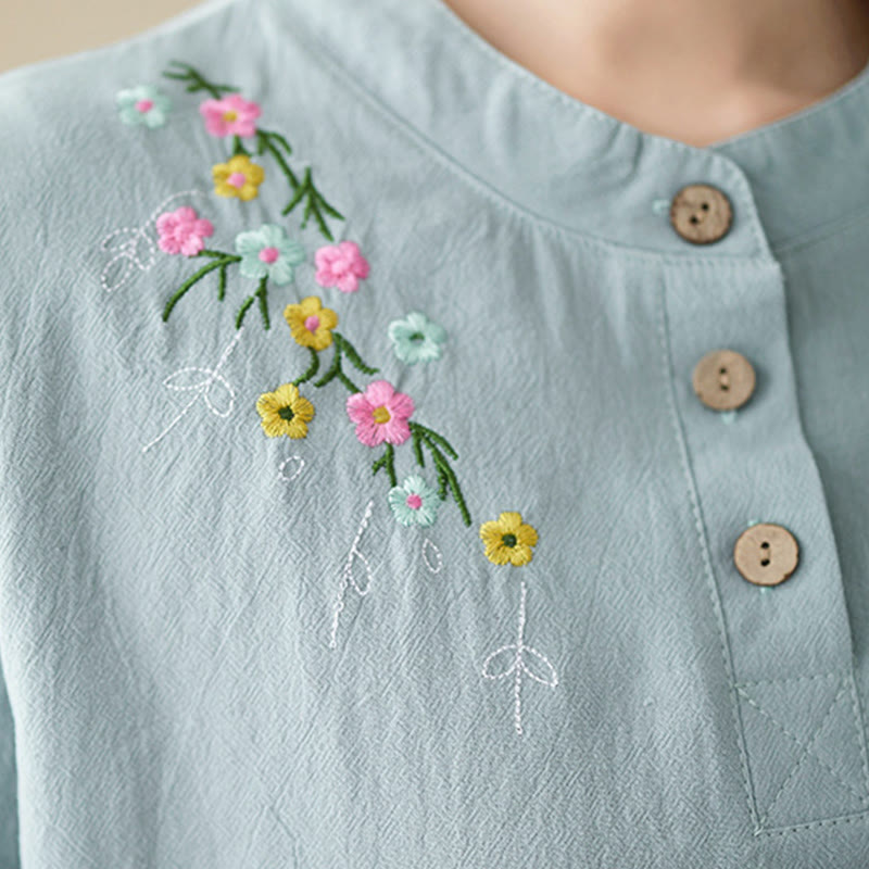 Buddha Stones Women's Spring Embroidered Flower Pattern Stand Collar Long Sleeve Cotton Shirt - image 13