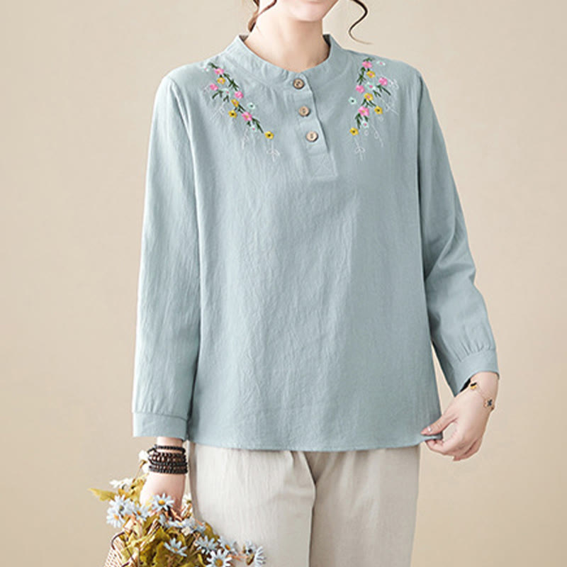 Buddha Stones Women's Spring Embroidered Flower Pattern Stand Collar Long Sleeve Cotton Shirt - image 9