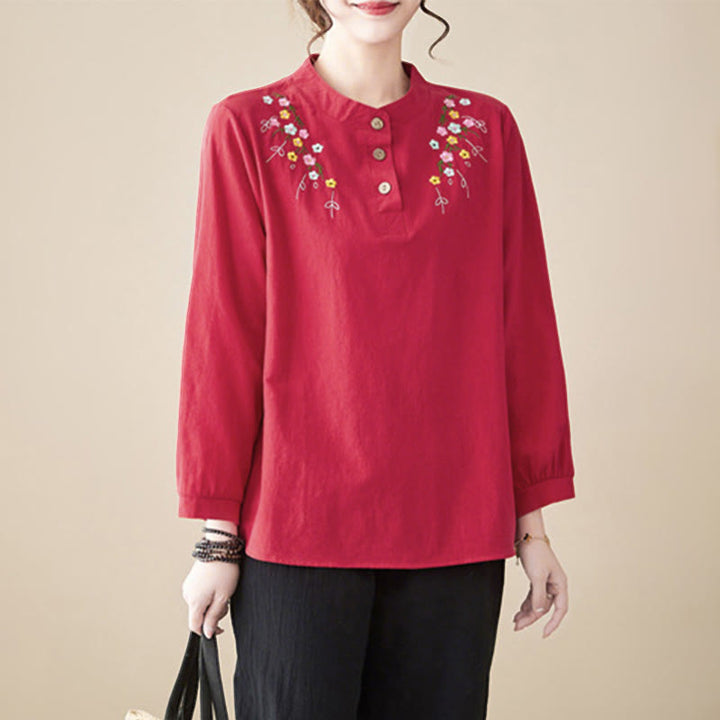 Buddha Stones Women's Spring Embroidered Flower Pattern Stand Collar Long Sleeve Cotton Shirt - Crimson - US12，UK/AU16，EU44 (3XL) - image 20