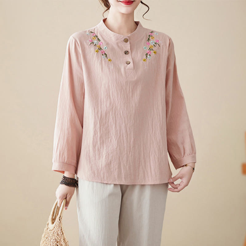 Buddha Stones Women's Spring Embroidered Flower Pattern Stand Collar Long Sleeve Cotton Shirt - LightPink - US12，UK/AU16，EU44 (3XL) - image 1