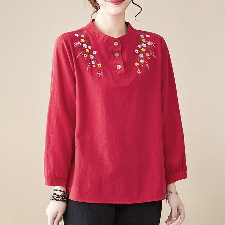 Buddha Stones Women's Spring Embroidered Flower Pattern Stand Collar Long Sleeve Cotton Shirt - image 22