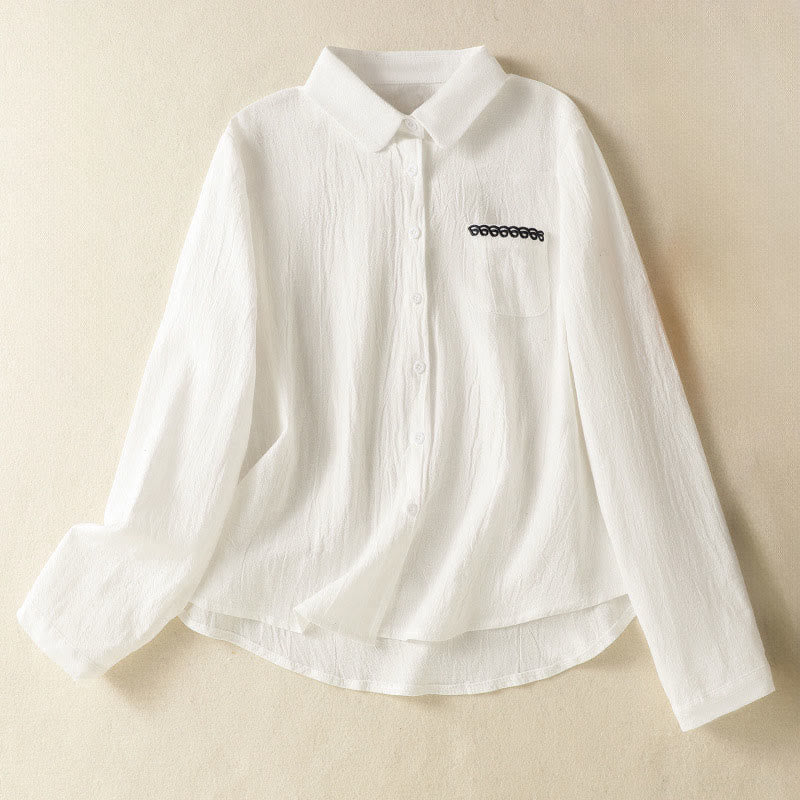 Buddha Stones Women's Spring Retro Plain Simple Embroidery Design Long Sleeve Cotton Shirt With Pocket - White - US8-10，UK/AU12-14，EU40-42 (2XL) - image 8