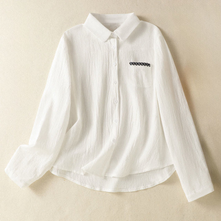 Buddha Stones Women's Spring Retro Plain Simple Embroidery Design Long Sleeve Cotton Shirt With Pocket - White - US8-10，UK/AU12-14，EU40-42 (2XL) - image 8