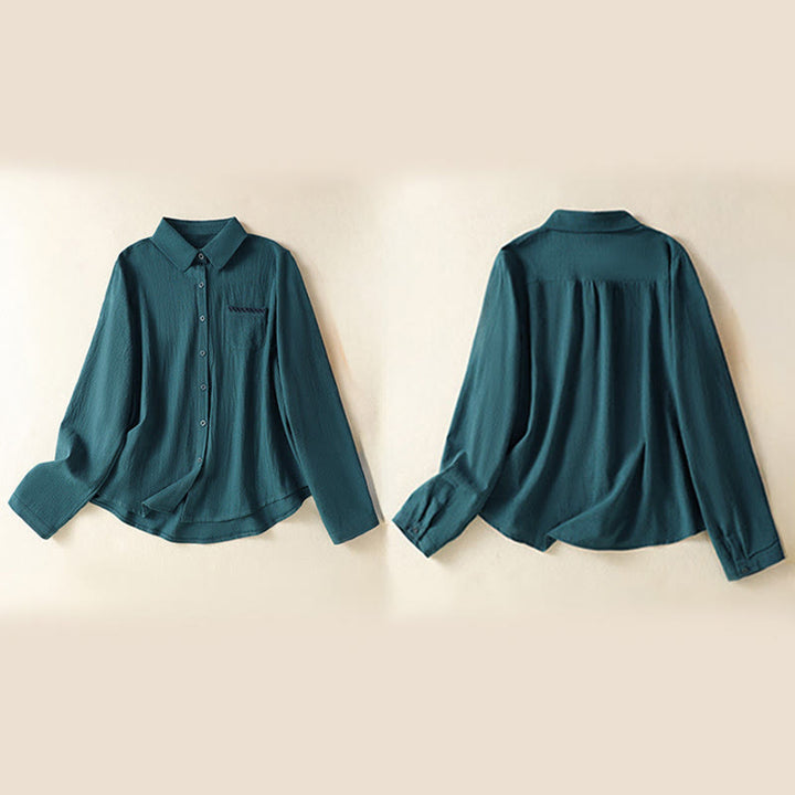 Buddha Stones Women's Spring Retro Plain Simple Embroidery Design Long Sleeve Cotton Shirt With Pocket - image 24