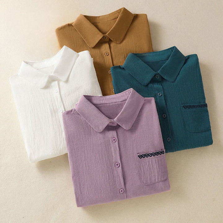 Buddha Stones Women's Spring Retro Plain Simple Embroidery Design Long Sleeve Cotton Shirt With Pocket - image 33