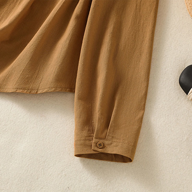 Buddha Stones Women's Spring Retro Plain Simple Embroidery Design Long Sleeve Cotton Shirt With Pocket - image 30