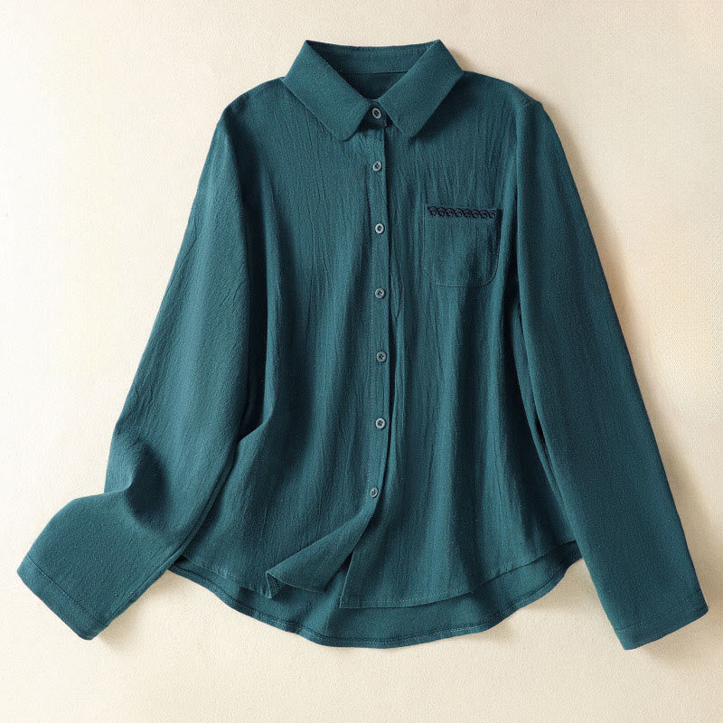 Buddha Stones Women's Spring Retro Plain Simple Embroidery Design Long Sleeve Cotton Shirt With Pocket - Teal - US8-10，UK/AU12-14，EU40-42 (2XL) - image 17