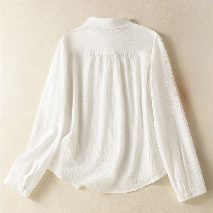 Buddha Stones Women's Spring Retro Plain Simple Embroidery Design Long Sleeve Cotton Shirt With Pocket - image 9