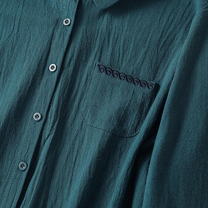 Buddha Stones Women's Spring Retro Plain Simple Embroidery Design Long Sleeve Cotton Shirt With Pocket - image 20