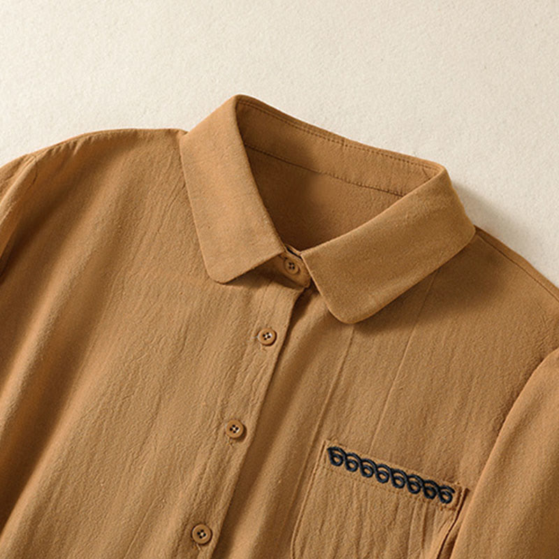 Buddha Stones Women's Spring Retro Plain Simple Embroidery Design Long Sleeve Cotton Shirt With Pocket - image 27