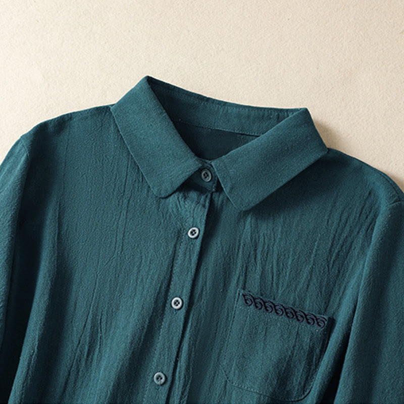 Buddha Stones Women's Spring Retro Plain Simple Embroidery Design Long Sleeve Cotton Shirt With Pocket - image 18