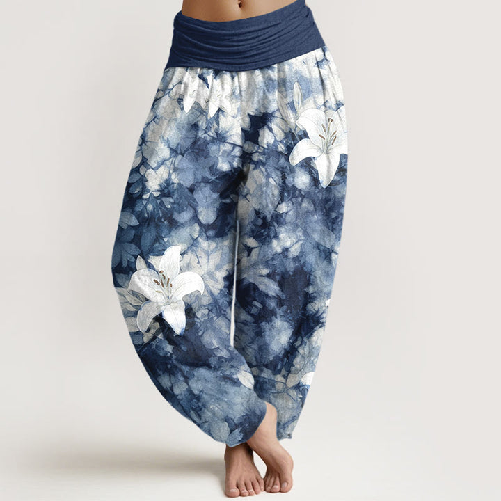 Buddha Stones Pure Cotton Watercolor Style Lily Pattern Women's Elastic Waist Harem Pants - MidnightBlue - US16，UK/AU20，EU48 (3XL) - image 0