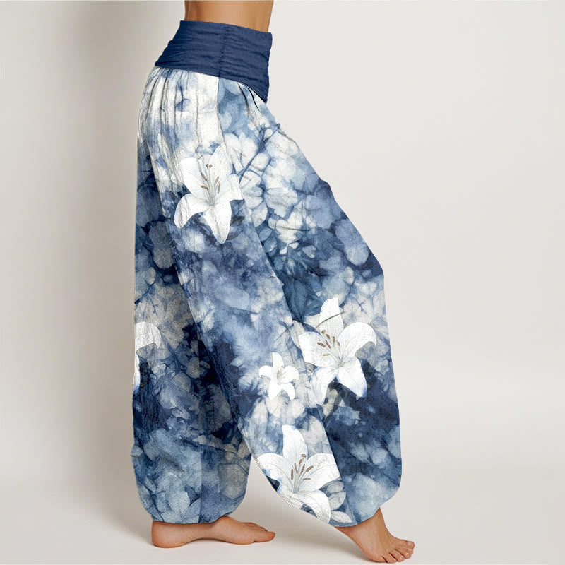 Buddha Stones Pure Cotton Watercolor Style Lily Pattern Women's Elastic Waist Harem Pants - image 2