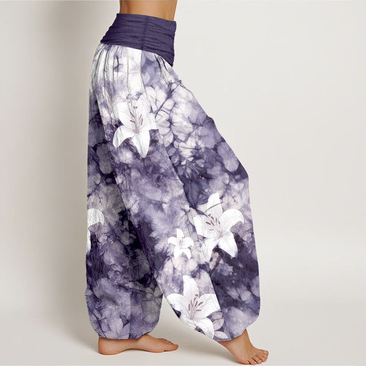 Buddha Stones Pure Cotton Watercolor Style Lily Pattern Women's Elastic Waist Harem Pants - image 7