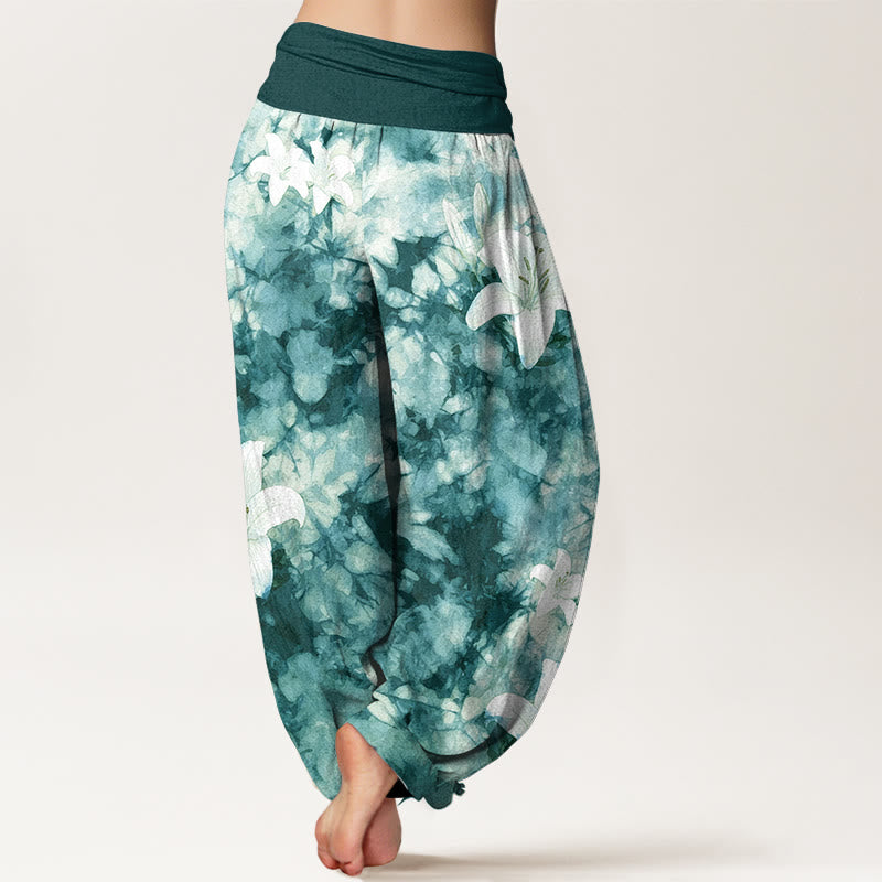Buddha Stones Pure Cotton Watercolor Style Lily Pattern Women's Elastic Waist Harem Pants - image 9
