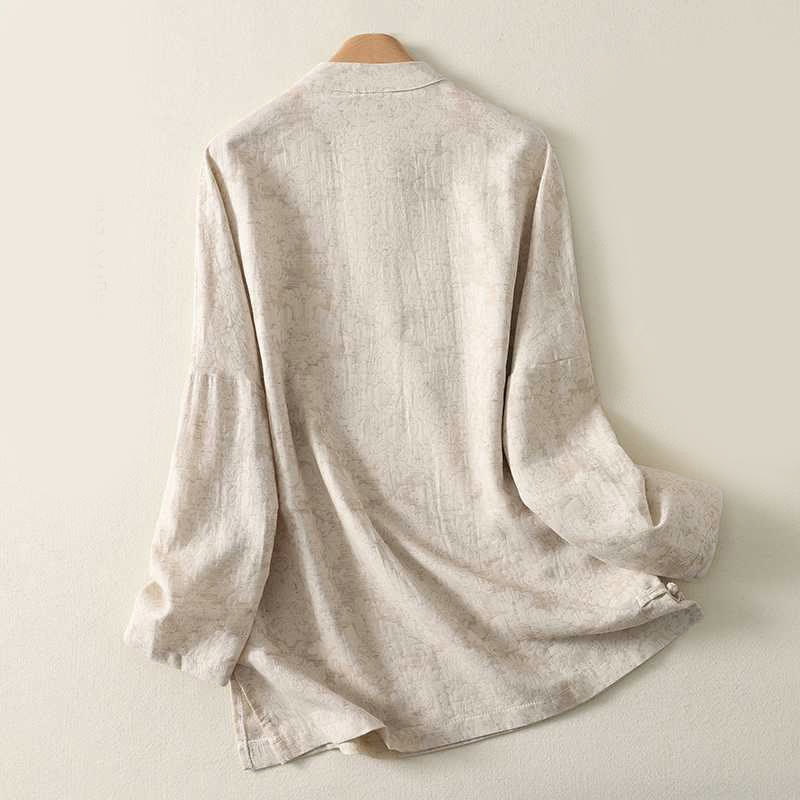 Buddha Stones Women's Commute Textured Pattern Frog-Button Design Long Sleeve Cotton Linen Shirt - image 1