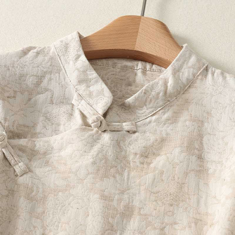 Buddha Stones Women's Commute Textured Pattern Frog-Button Design Long Sleeve Cotton Linen Shirt - image 2