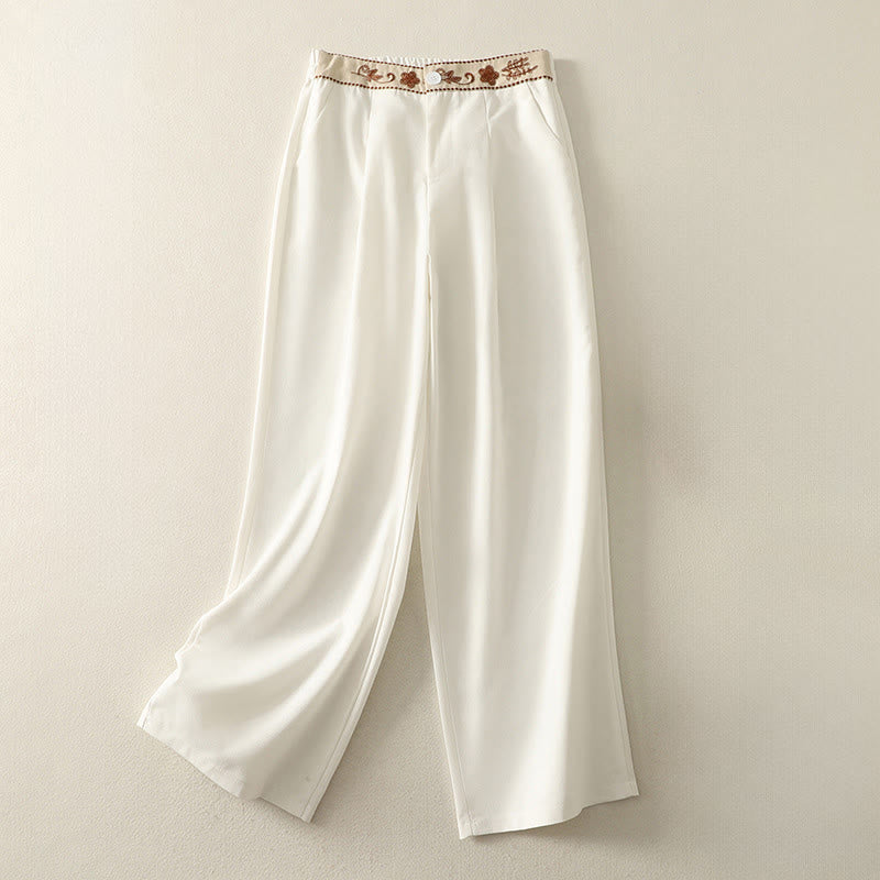 Buddha Stones Women's Embroidery Elastic Waistband Zipper Design Cotton Wide Leg Pants With Pockets - White - US8-10，UK/AU12-14，EU40-42 (2XL) - image 1