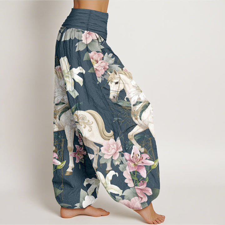 Buddha Stones Pure Cotton Romantic Horse Lily Peony Pattern Women's Elastic Waist Harem Pants - image 7