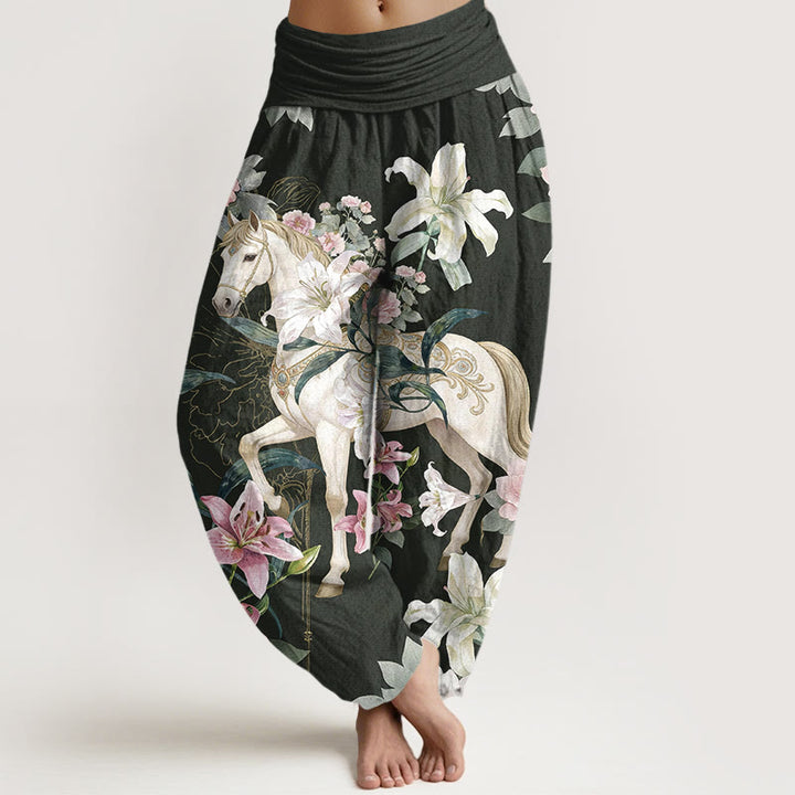 Buddha Stones Pure Cotton Romantic Horse Lily Peony Pattern Women's Elastic Waist Harem Pants - DimGray - US16，UK/AU20，EU48 (3XL) - image 8