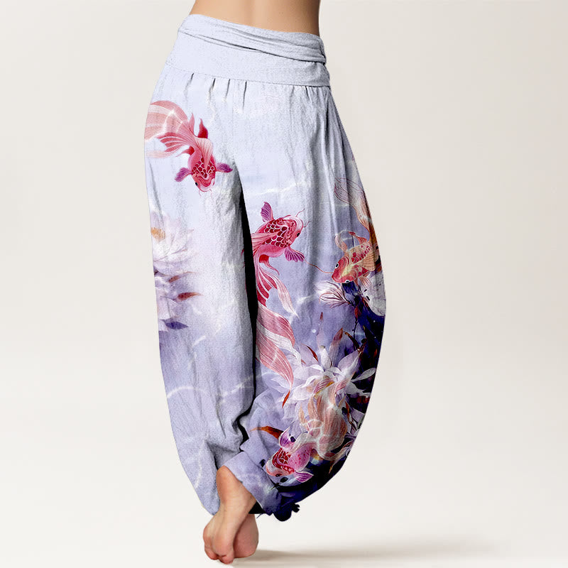Buddha Stones Pure Cotton Light-Colored Koi Fish Lotus Flower Pattern Women's Elastic Waist Harem Pants - image 9