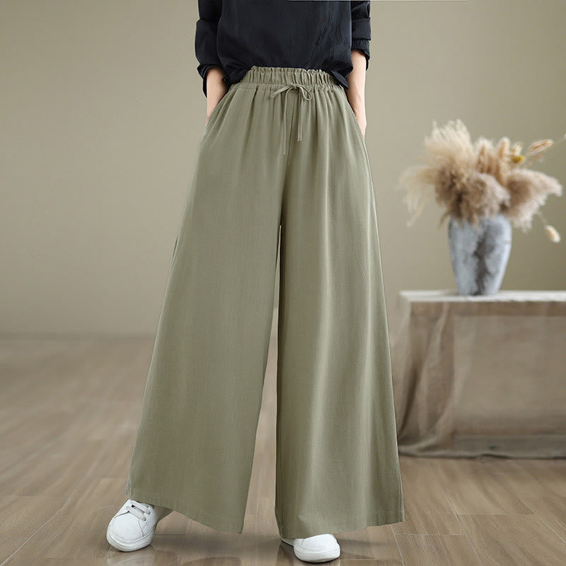 Buddha Stones Women's Pure Color Drawstring Cotton Linen Wide Leg Ankle-Length Pants With Pockets - DarkSeaGreen - US6，UK/AU10，EU38 (XL) - image 0